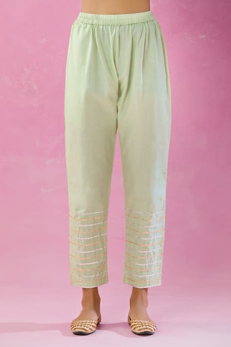 Buy_Kunwarani Ritu_Green Georgette Gota Patti, Embroidery Collared Kurta Pant Set _Online_at_Aza_Fashions