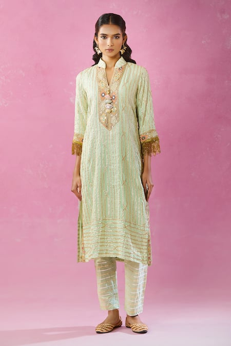 Shop_Kunwarani Ritu_Green Georgette Gota Patti, Embroidery Collared Kurta Pant Set _Online_at_Aza_Fashions