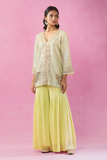 Buy Kunwarani Ritu Green Georgette Pearls V-neck Mirror Embroidered Jacket And Flared Sharara Online at Aza Fashions Buy_Kunwarani Ritu_Green Georgette Pearls V-neck Mirror Embroidered Jacket And Flared Sharara _Online_at_Aza_Fashions