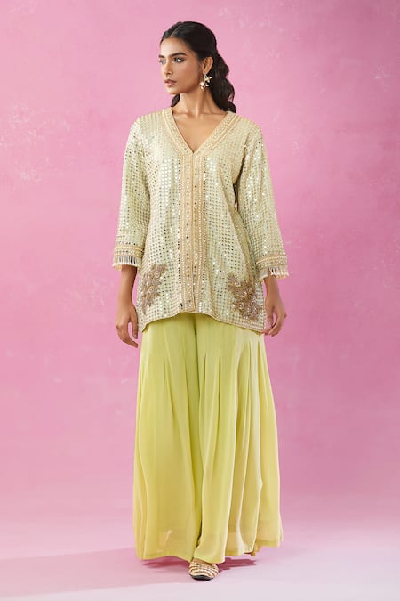 Shop Kunwarani Ritu Green Georgette Pearls V-neck Mirror Embroidered Jacket And Flared Sharara Online at Aza Fashions Shop_Kunwarani Ritu_Green Georgette Pearls V-neck Mirror Embroidered Jacket And Flared Sharara _Online_at_Aza_Fashions