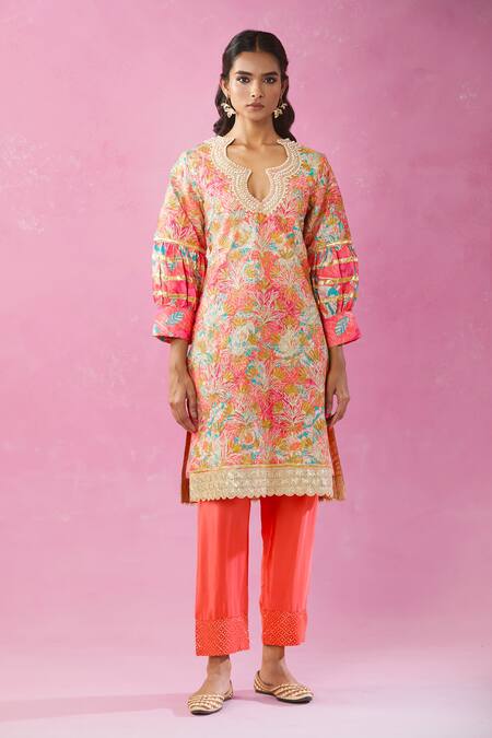 Shop Kunwarani Ritu Orange Cotton, Chiffon Gota Patti, Embroidery Sweetheart Floral Kurta Pant Set Online at Aza Fashions Shop_Kunwarani Ritu_Orange Cotton, Chiffon Gota Patti, Embroidery Sweetheart Floral Kurta Pant Set _Online_at_Aza_Fashions