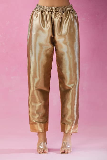 Buy_Kunwarani Ritu_Green Brocade Gota Patti Collared Floral Jacket And Pant Set _Online_at_Aza_Fashions