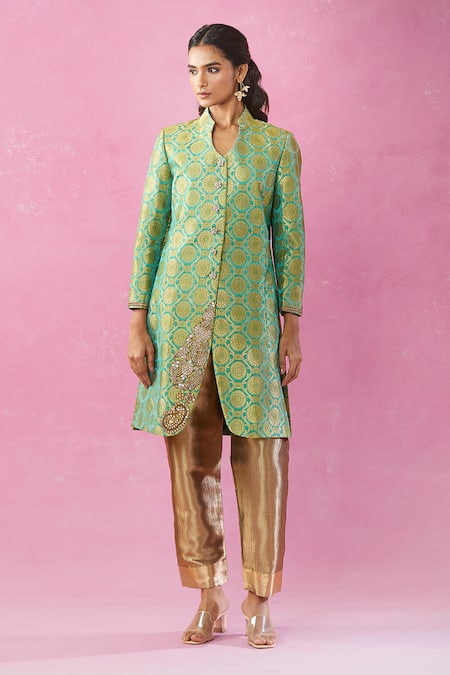 Shop_Kunwarani Ritu_Green Brocade Gota Patti Collared Floral Jacket And Pant Set _Online_at_Aza_Fashions