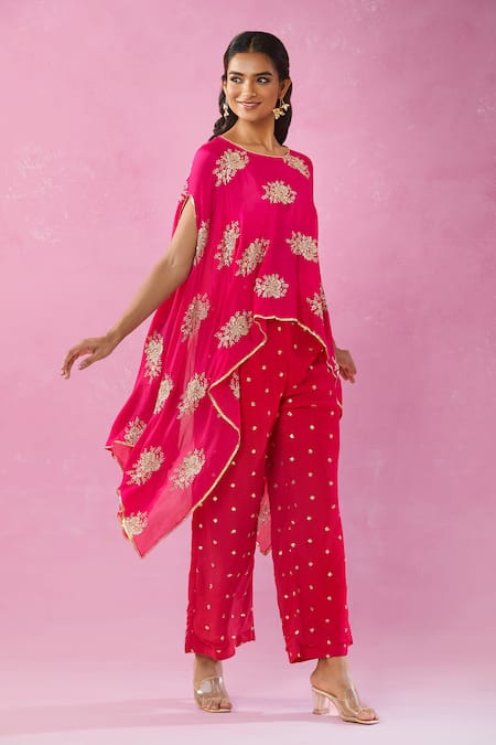 Kunwarani Ritu_Pink Georgette Sequins Floral Zardozi Cape And Pant Set _at_Aza_Fashions