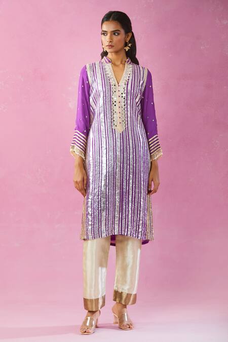 Shop_Kunwarani Ritu_Purple Georgette Gota Patti, Mirrors Collared Embroidered Kurta Set _Online_at_Aza_Fashions