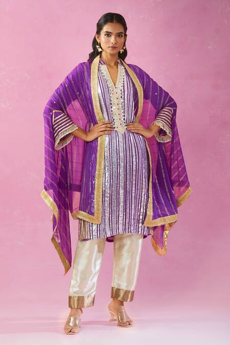 Kunwarani Ritu_Purple Georgette Gota Patti, Mirrors Collared Embroidered Kurta Set _at_Aza_Fashions