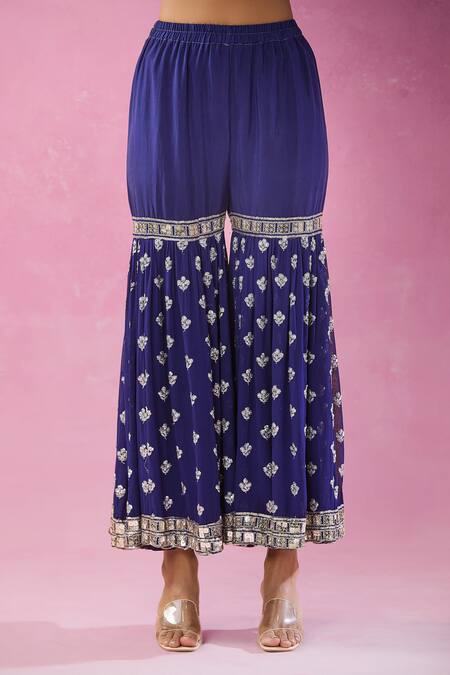 Buy_Kunwarani Ritu_Blue Georgette Embroidery, Sequins, Mirrors Chevron Kurta Gharara Set _Online_at_Aza_Fashions