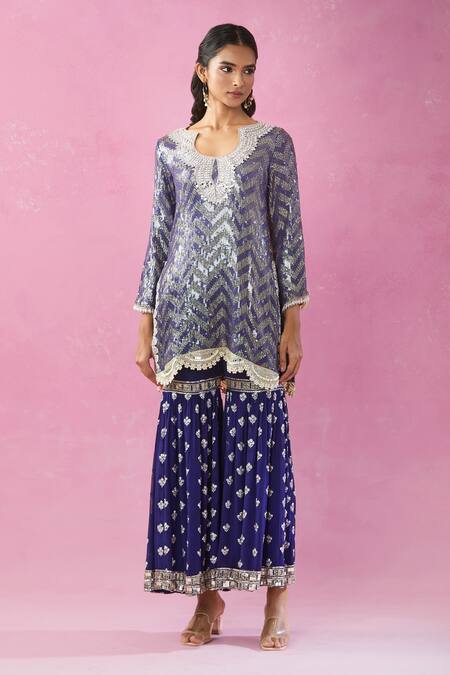 Shop_Kunwarani Ritu_Blue Georgette Embroidery, Sequins, Mirrors Chevron Kurta Gharara Set _Online_at_Aza_Fashions
