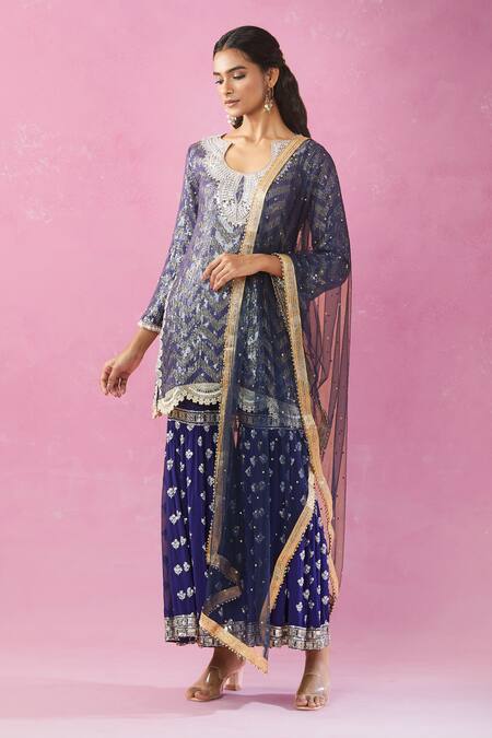 Kunwarani Ritu_Blue Georgette Embroidery, Sequins, Mirrors Chevron Kurta Gharara Set _at_Aza_Fashions