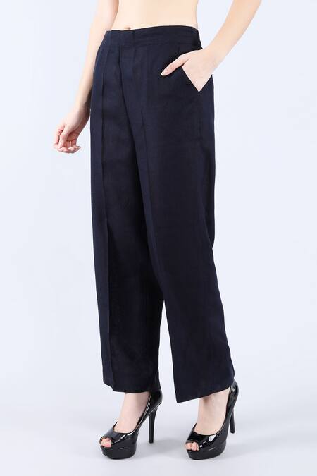Linen Bloom_Blue Linen Navy Straight Pant _Online_at_Aza_Fashions