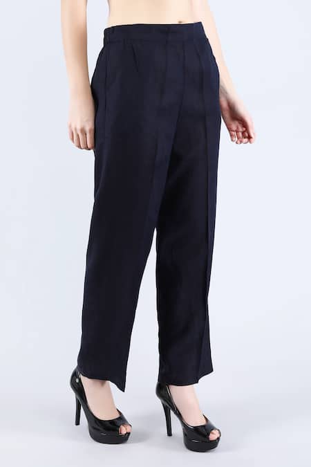 Buy_Linen Bloom_Blue Linen Navy Straight Pant _Online_at_Aza_Fashions