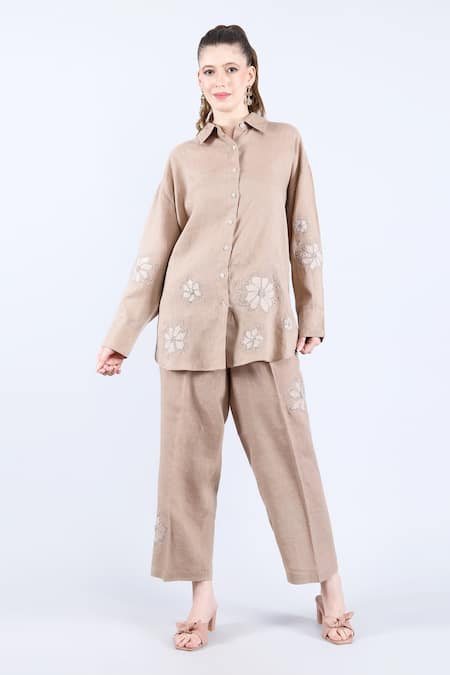 Linen Bloom Linen Applique Shirt With Pant 