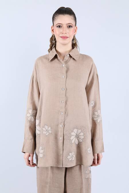 Linen Bloom_Beige Linen Applique, Beads Collared Embellished Shirt And Pant Set _Online_at_Aza_Fashions