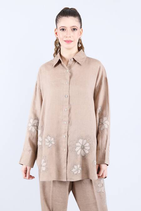 Buy_Linen Bloom_Beige Linen Applique, Beads Collared Embellished Shirt And Pant Set _Online_at_Aza_Fashions