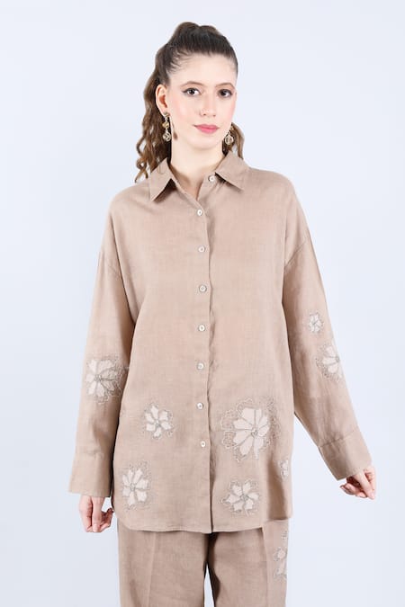 Shop_Linen Bloom_Beige Linen Applique, Beads Collared Embellished Shirt And Pant Set _Online_at_Aza_Fashions