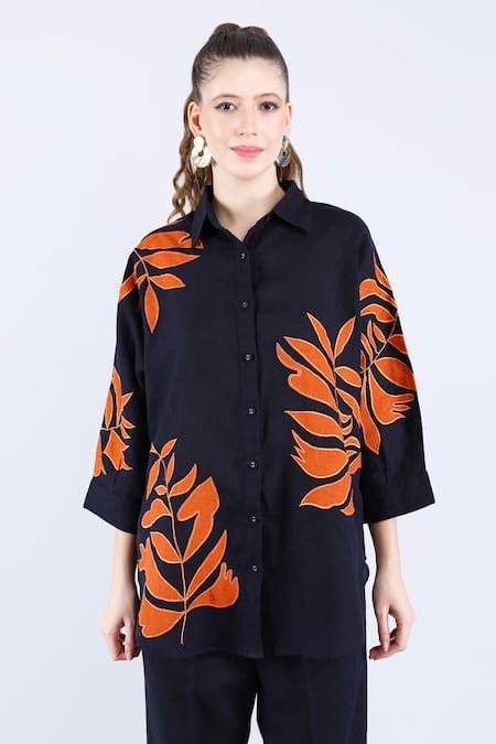 Linen Bloom Linen Foliage Applique Shirt 