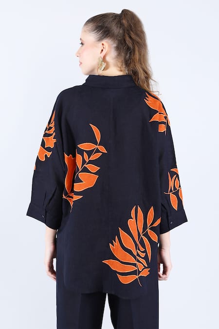 Shop Linen Bloom Blue Linen Applique Collared Navy Foliage Shirt at Aza Fashions Shop_Linen Bloom_Blue Linen Applique Collared Navy Foliage Shirt _at_Aza_Fashions