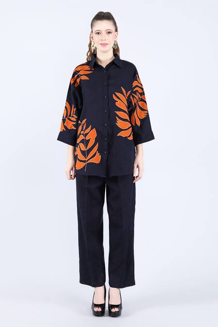 Linen Bloom Blue Linen Applique Collared Navy Foliage Shirt Online at Aza Fashions Linen Bloom_Blue Linen Applique Collared Navy Foliage Shirt _Online_at_Aza_Fashions