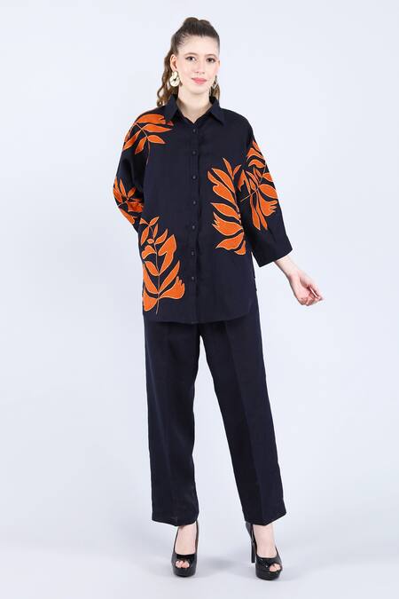Buy Linen Bloom Blue Linen Applique Collared Navy Foliage Shirt Online at Aza Fashions Buy_Linen Bloom_Blue Linen Applique Collared Navy Foliage Shirt _Online_at_Aza_Fashions