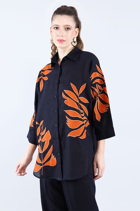 Shop Linen Bloom Blue Linen Applique Collared Navy Foliage Shirt Online at Aza Fashions Shop_Linen Bloom_Blue Linen Applique Collared Navy Foliage Shirt _Online_at_Aza_Fashions