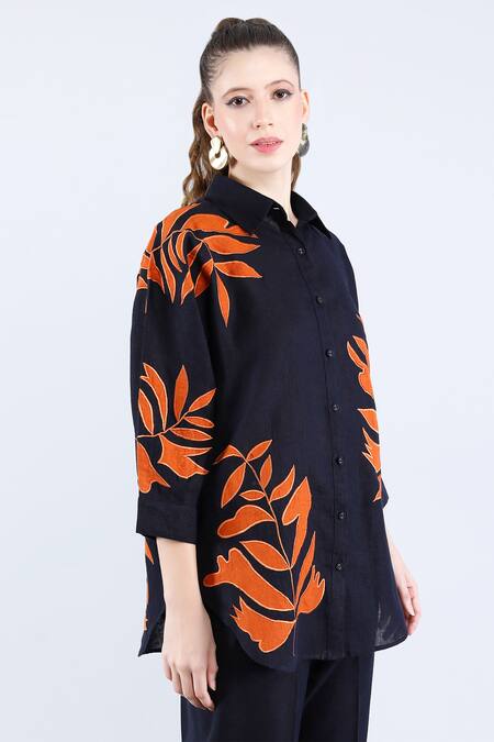 Linen Bloom Blue Linen Applique Collared Navy Foliage Shirt at Aza Fashions Linen Bloom_Blue Linen Applique Collared Navy Foliage Shirt _at_Aza_Fashions