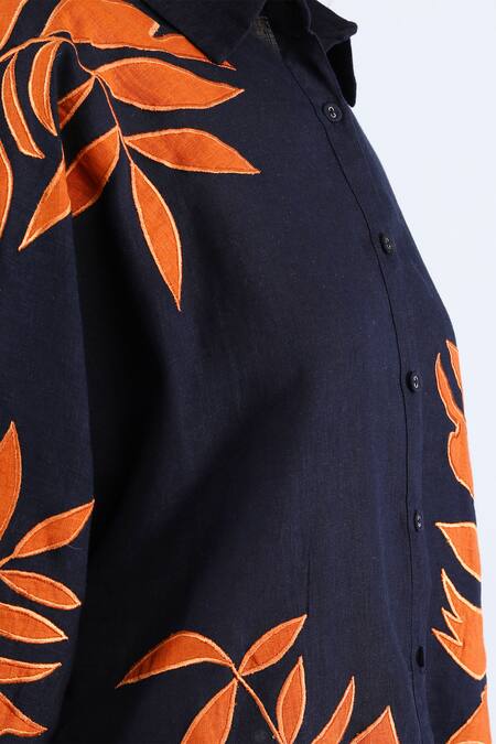 Buy Linen Bloom Blue Linen Applique Collared Navy Foliage Shirt Buy_Linen Bloom_Blue Linen Applique Collared Navy Foliage Shirt