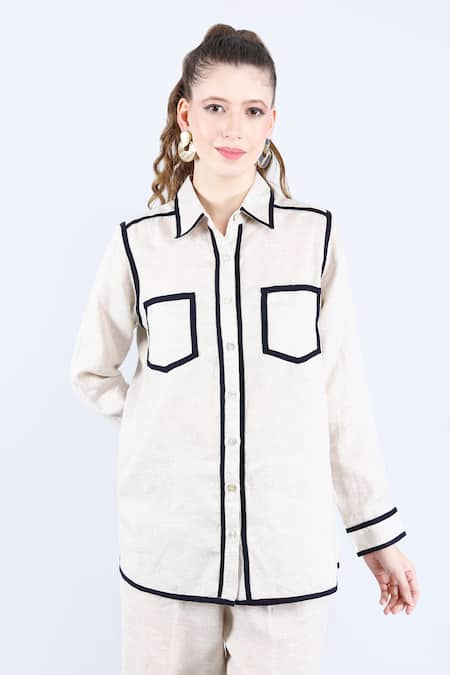 Linen Bloom Linen Contrast Piping Shirt 