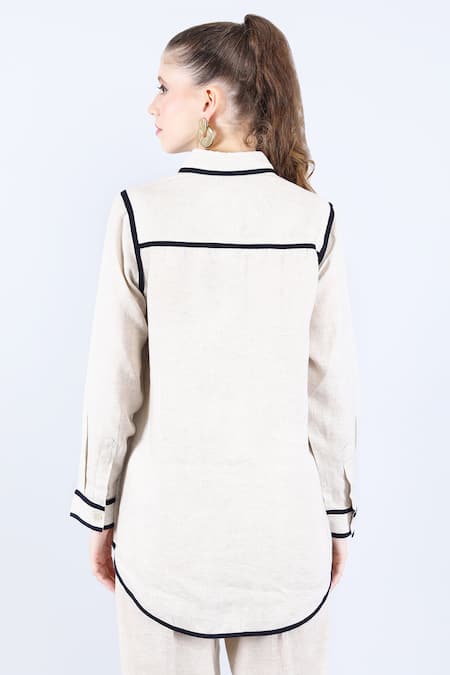 Shop Linen Bloom Beige Linen Shawl Neck Contrast Piping Shirt at Aza Fashions Shop_Linen Bloom_Beige Linen Shawl Neck Contrast Piping Shirt _at_Aza_Fashions