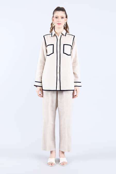 Linen Bloom Beige Linen Shawl Neck Contrast Piping Shirt Online at Aza Fashions Linen Bloom_Beige Linen Shawl Neck Contrast Piping Shirt _Online_at_Aza_Fashions