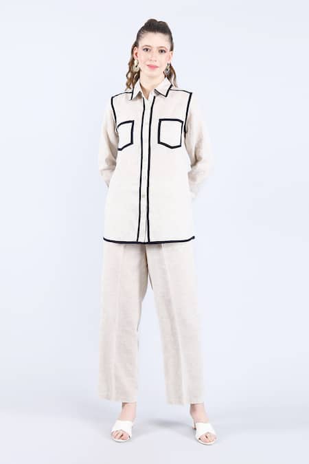 Buy Linen Bloom Beige Linen Shawl Neck Contrast Piping Shirt Online at Aza Fashions Buy_Linen Bloom_Beige Linen Shawl Neck Contrast Piping Shirt _Online_at_Aza_Fashions