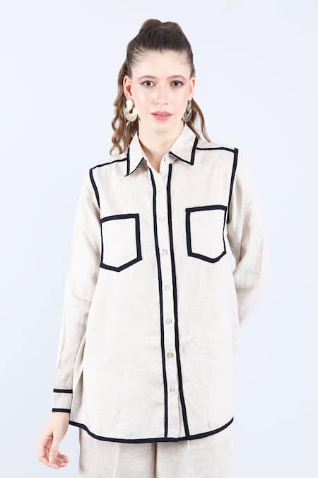 Shop Linen Bloom Beige Linen Shawl Neck Contrast Piping Shirt Online at Aza Fashions Shop_Linen Bloom_Beige Linen Shawl Neck Contrast Piping Shirt _Online_at_Aza_Fashions