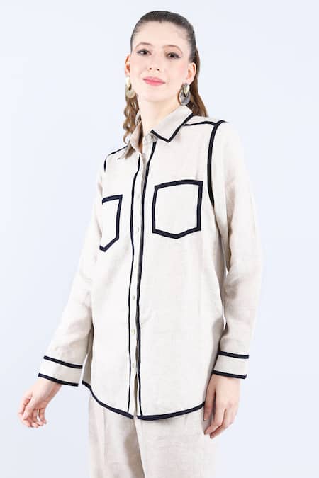 Linen Bloom Beige Linen Shawl Neck Contrast Piping Shirt at Aza Fashions Linen Bloom_Beige Linen Shawl Neck Contrast Piping Shirt _at_Aza_Fashions