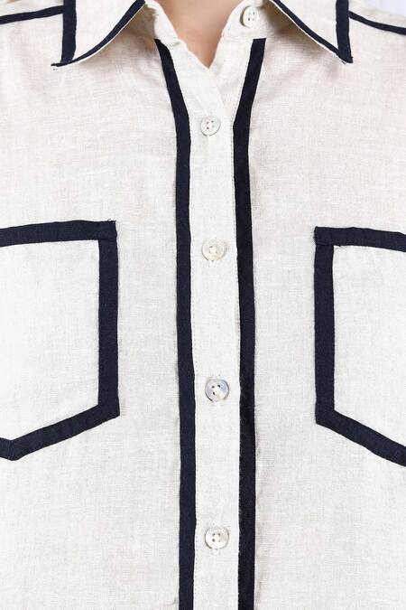Buy Linen Bloom Beige Linen Shawl Neck Contrast Piping Shirt Buy_Linen Bloom_Beige Linen Shawl Neck Contrast Piping Shirt