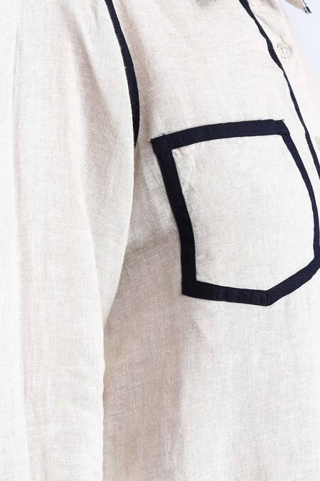 Shop Linen Bloom Beige Linen Shawl Neck Contrast Piping Shirt Shop_Linen Bloom_Beige Linen Shawl Neck Contrast Piping Shirt