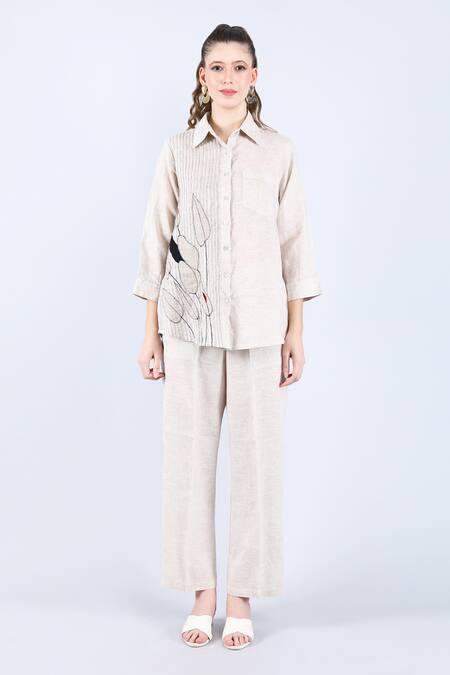 Linen Bloom_Beige Linen Applique, Piping Shawl Neck Leaf Shirt _Online_at_Aza_Fashions