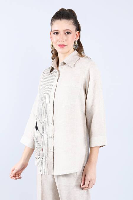 Shop_Linen Bloom_Beige Linen Applique, Piping Shawl Neck Leaf Shirt _Online_at_Aza_Fashions