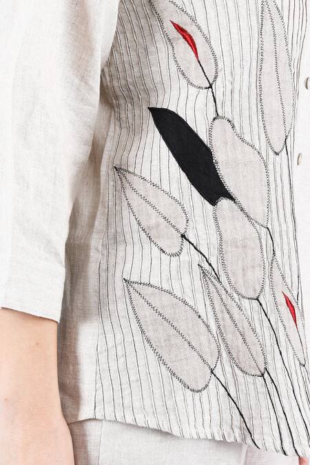 Buy_Linen Bloom_Beige Linen Applique, Piping Shawl Neck Leaf Shirt 