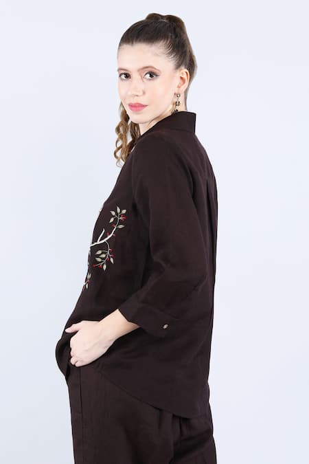 Linen Bloom Embroidered Black Linen Shirt 