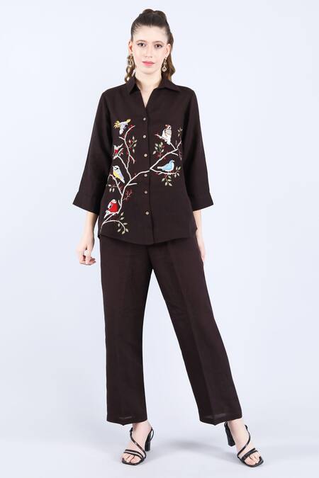 Linen Bloom_Black Linen Embroidery Shawl Neck Shirt _Online_at_Aza_Fashions