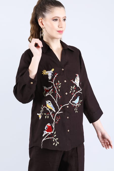 Buy_Linen Bloom_Black Linen Embroidery Shawl Neck Shirt _Online_at_Aza_Fashions