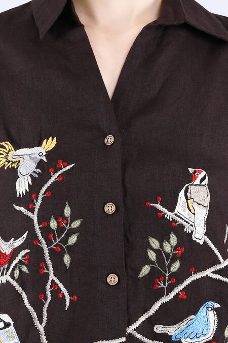 Shop_Linen Bloom_Black Linen Embroidery Shawl Neck Shirt _Online_at_Aza_Fashions