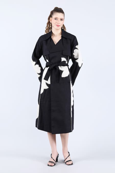 Linen Bloom Floral Applique Trench Coat 