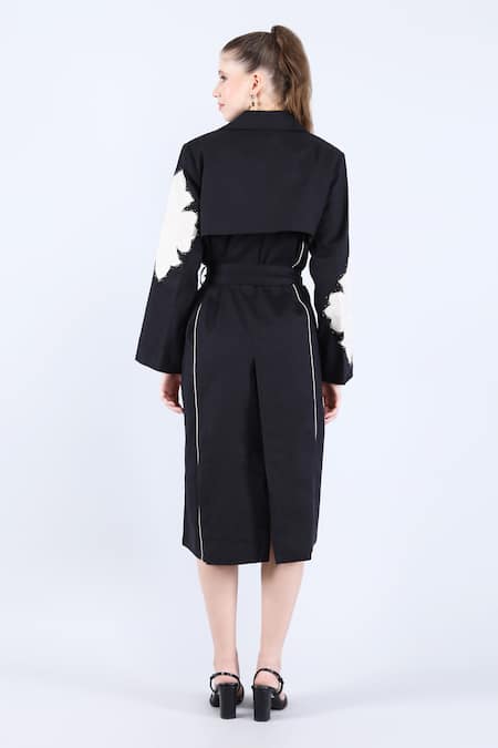 Linen Bloom Floral Applique Black Trench Coat 