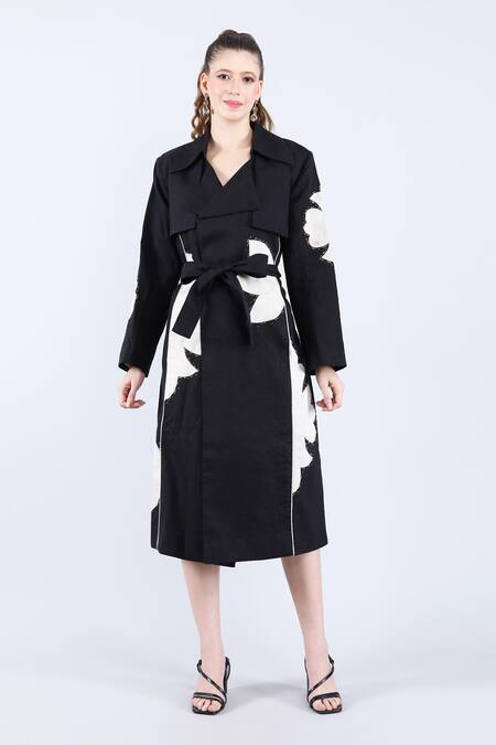 Linen Bloom_Black Linen Applique, Beads Floral Trench Coat _Online_at_Aza_Fashions