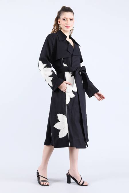 Buy_Linen Bloom_Black Linen Applique, Beads Floral Trench Coat _Online_at_Aza_Fashions