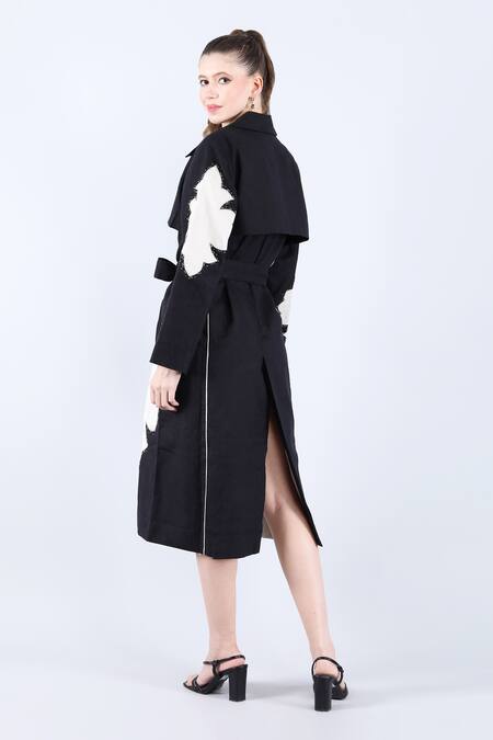 Shop_Linen Bloom_Black Linen Applique, Beads Floral Trench Coat _Online_at_Aza_Fashions