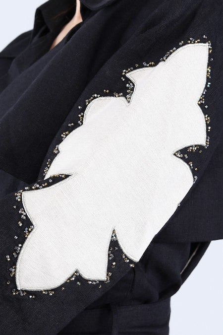 Linen Bloom_Black Linen Applique, Beads Floral Trench Coat _at_Aza_Fashions