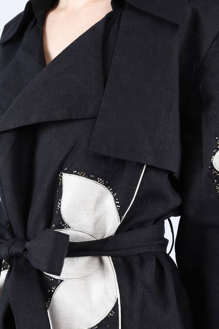 Buy_Linen Bloom_Black Linen Applique, Beads Floral Trench Coat 