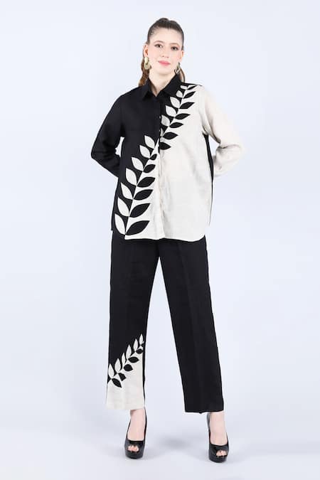 Linen Bloom Leaf Embroidered Colour Block Shirt With Pant 