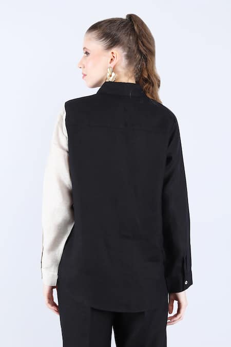 Linen Bloom Leaf Embroidered Color Block Shirt & Pant Set 